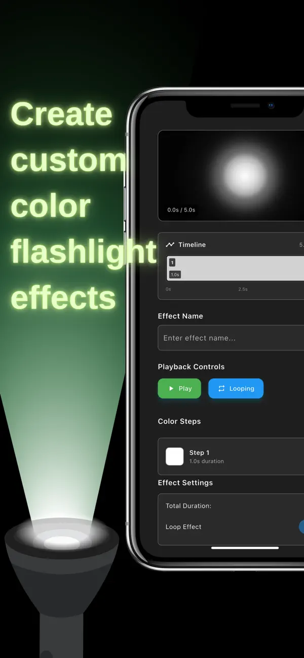 Timeline editor for creating custom color flashlight effects with fade, loop and pulse steps