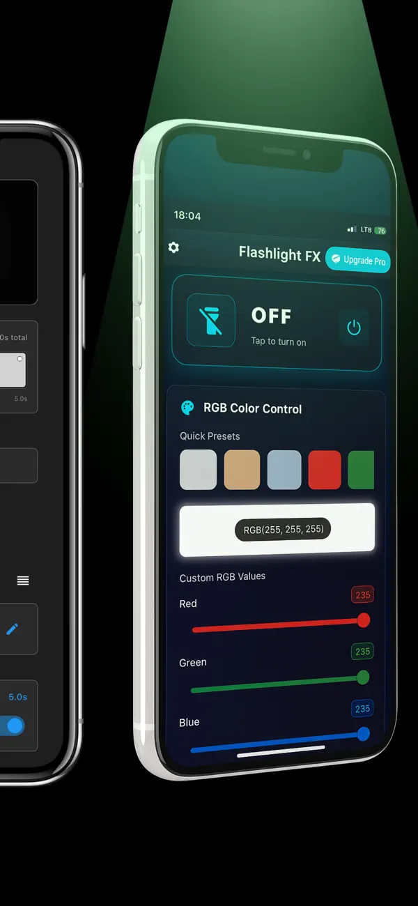 RGB color control panel with red, green and blue sliders and quick preset palettes